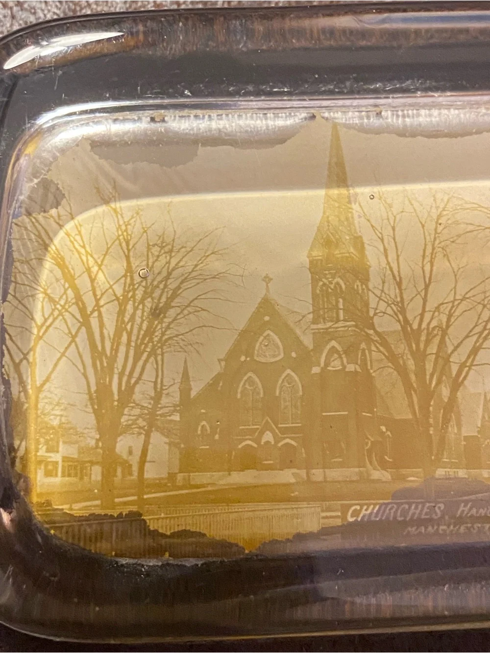 Antique Pyrophoto Co. Clear Sepia Glass Paperweight Churches Manchester NH
